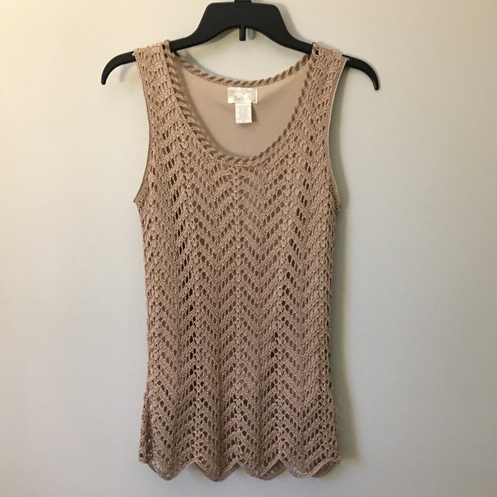 Vintage Kroshetta Crochet Layered Rayon Lace Top Pink Beige Dollette M